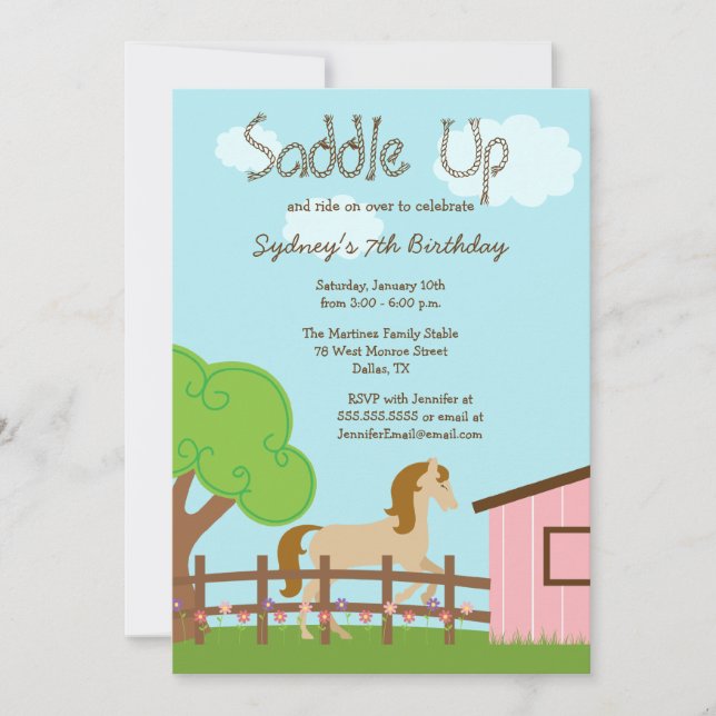 Cute girls horse birthday party invitation (Front)