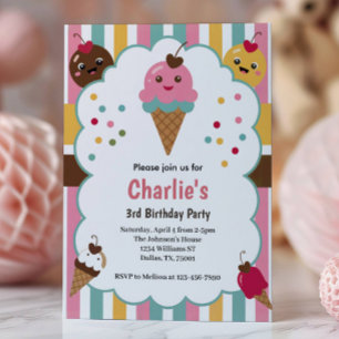 Cute Girls Ice Cream 3rd Birthday Party Invitation