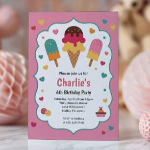Cute Girls Ice Cream 6th Birthday Party Invitation