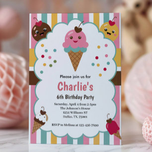 Cute Girls Ice Cream 6th Birthday Party Invitation