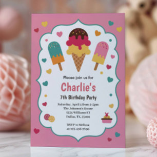 Cute Girls Ice Cream 7th Birthday Party Invitation