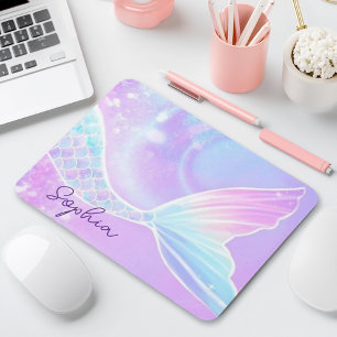 Cute Girls Iridescent Mermaid Tail Personalised Mouse Mat