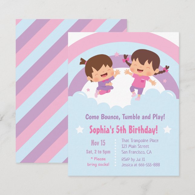 Cute Girls Jump on Clouds Birthday Party Invitation (Front/Back)