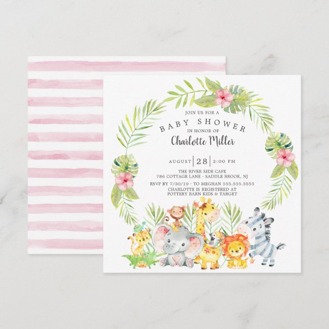 Cute Girls Jungle Animals Baby Shower Invitation (Front/Back)