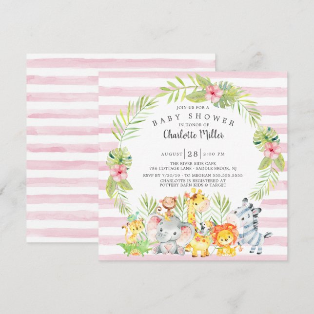 Cute Girls Jungle Animals Baby Shower Invitation (Front/Back)