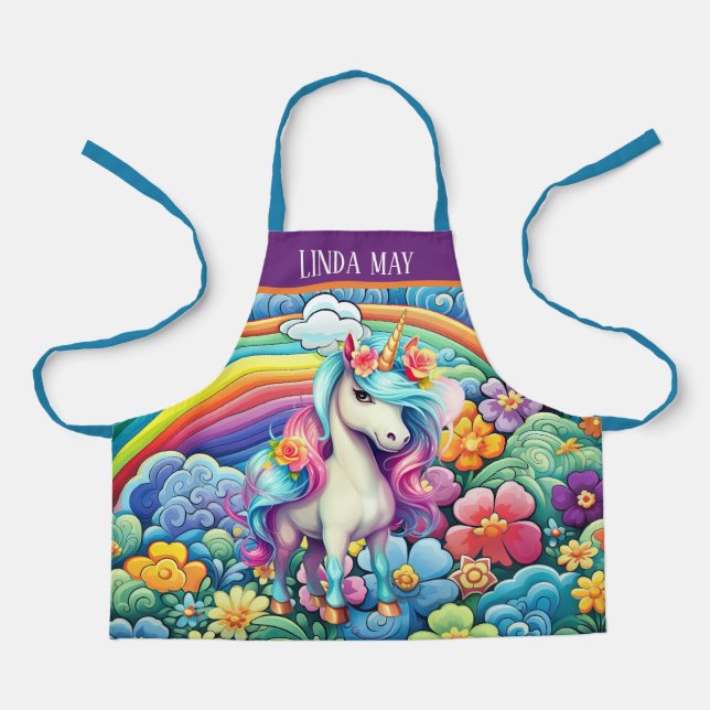 Cute girls kids fantasy unicorn add name apron (Front)