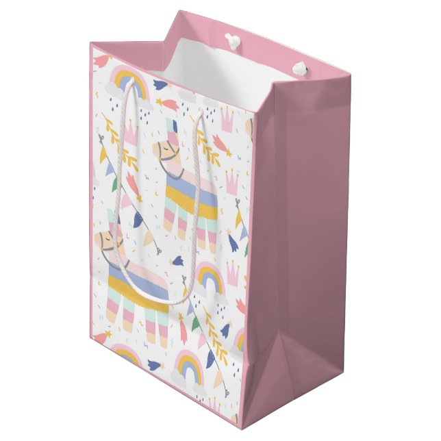 Cute Girl's Llama Rainbow Birthday Party Medium Gift Bag (Front Angled)