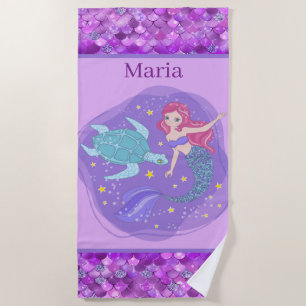 cute girls mermaid add name  beach towel