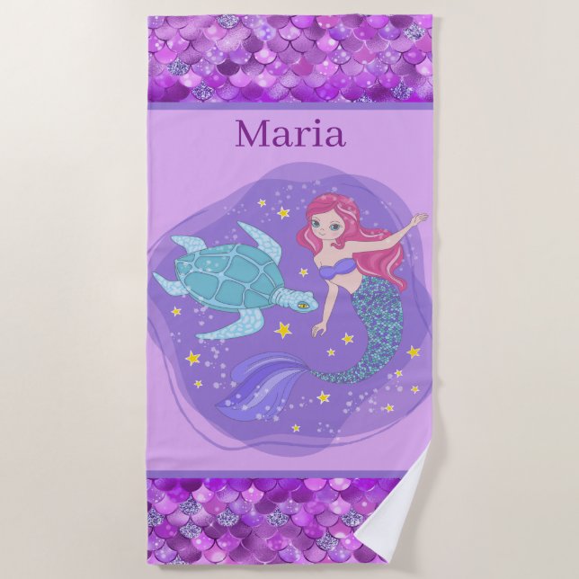 cute girls mermaid add name  beach towel (Front)