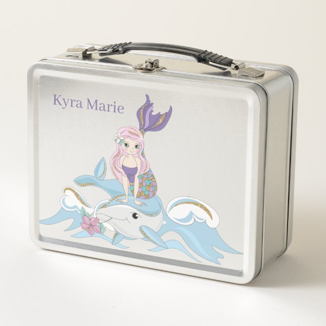 cute girls mermaid add name Metal Lunch Box (Front)