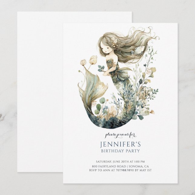 Cute Girl's Mermaid Birthday Party Invitation (Front/Back)
