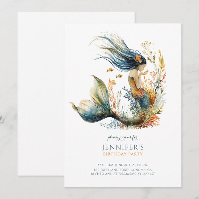Cute Girl's Mermaid Birthday Party Invitation (Front/Back)