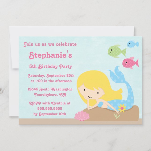 Cute girl's mermaid birthday party invitation (Front)