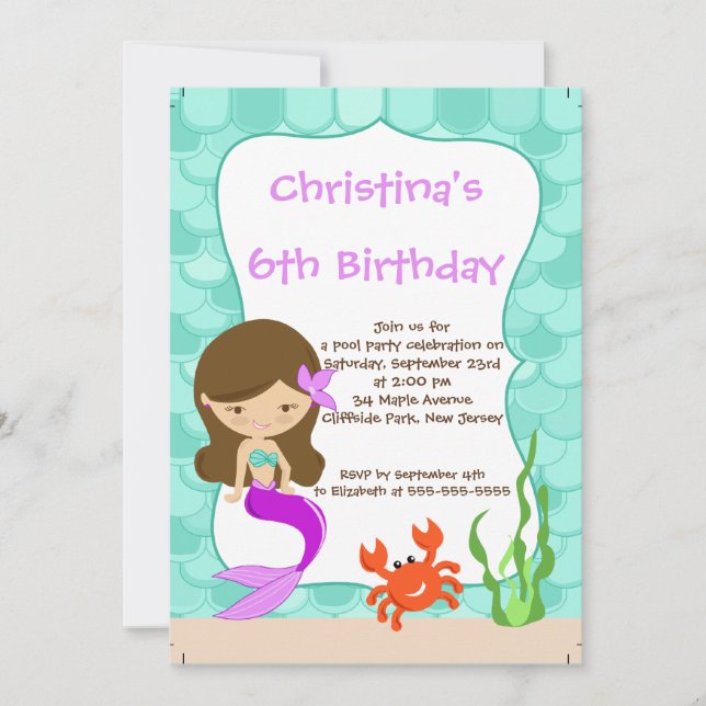 Cute Girls Mermaid Birthday Party Invitations (Front)