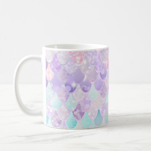 Cute Girls Mermaid Mug, Pastel Pink, Purple, Teal Coffee Mug (Left)
