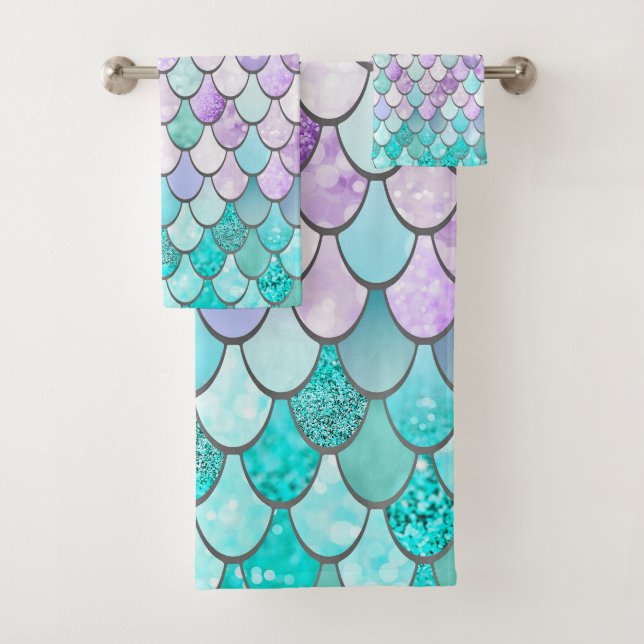 CUTE GIRLS MERMAID SCALES PATTERN, PINK AND TEAL BATH TOWEL SET (Insitu)