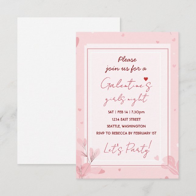 Cute Girls Night Galentine Pink Party Invitation (Front/Back)