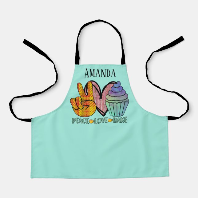 Cute girls peace love cupcake add name apron (Front)