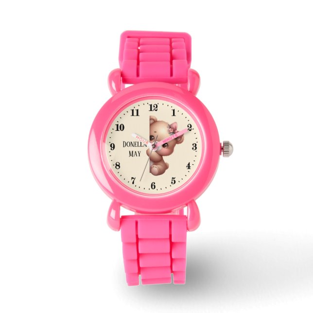 Cute girls peeking bear add name watch (Front)