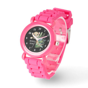 Cute girls peeking leopard add name jungle watch