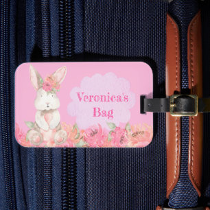 Cute Girls Pink Bunny Floral Kids Vacation Luggage Tag