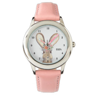 Cute Girls Pink Bunny Rabbit Animal Kids Floral Watch