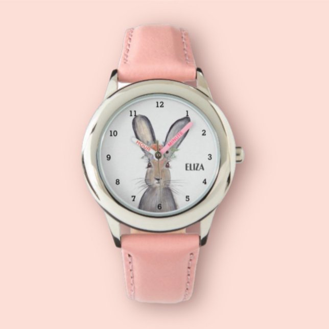 Cute Girls Pink Bunny Rabbit Animal Kids Floral Watch (Creator Uploaded)