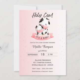 Cute Girls Pink Cow Mum and Baby Shower Invitation