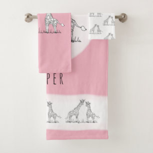 Cute Girl's Pink Doodle Giraffe Safari Child's Bath Towel Set