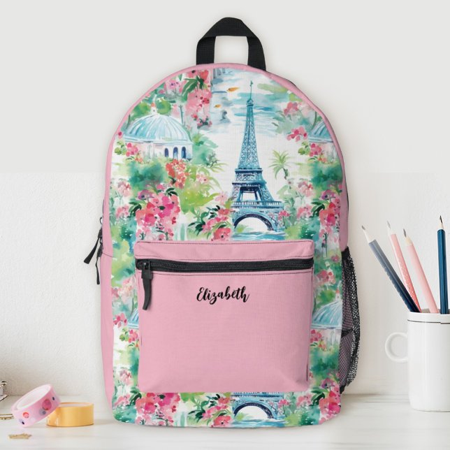 Cute Girls Pink Eiffel Tower Floral School Printed Backpack (A cute girls school backpack featuring the Eiffel Tower in Paris. So sylish for back to school.)