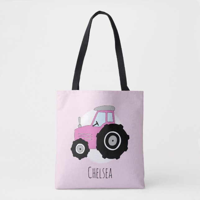 Cute Girl's Pink Farmer's Tractor with Name Tote Bag (Front)