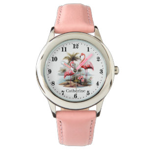 Cute girls pink flamingo add name watch