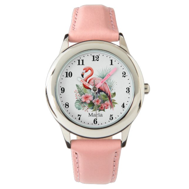 Cute girls pink flamingo add name  watch (Front)