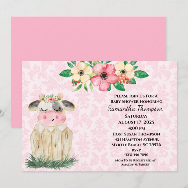 Cute Girls Pink Floral Cow Baby Shower Invitation (Front/Back)
