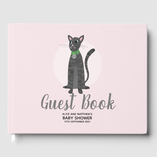 Cute Girls Pink Kitty Cat Cartoon Coed Baby Shower Guest Book (Front)