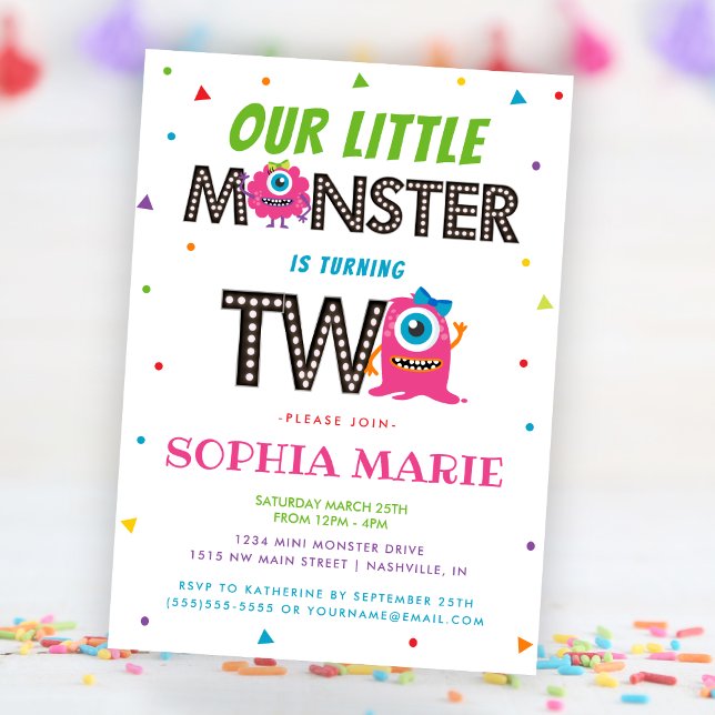 Cute Girls Pink Monster 2nd Birthday Party Invitation (Cute Girls Pink Monster 2nd Birthday Party Invitation)