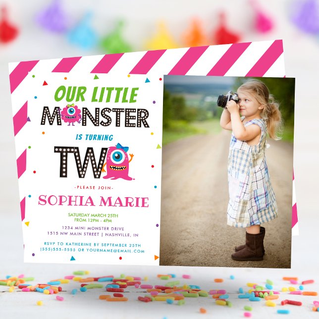 Cute Girls Pink Monster 2nd Birthday Party Photo Invitation (Cute Girls Pink Monster 2nd Birthday Party Photo Invitation)