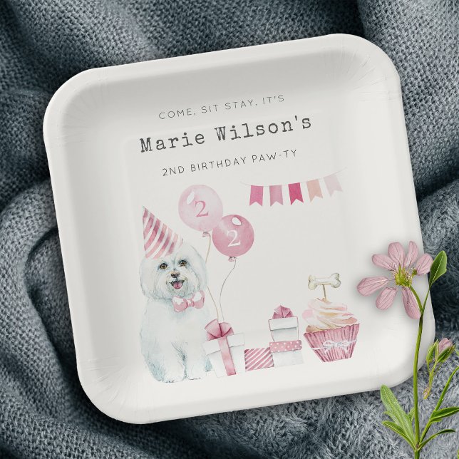Cute Girls Pink Party Puppy Dog Any Age Birthday Paper Plate (Creator Uploaded)