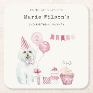 Cute Girls Pink Party Puppy Dog Any Age Birthday Square Paper Coaster
