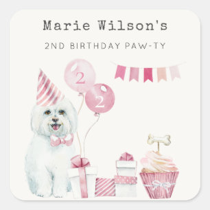 Cute Girls Pink Party Puppy Dog Any Age Birthday  Square Sticker