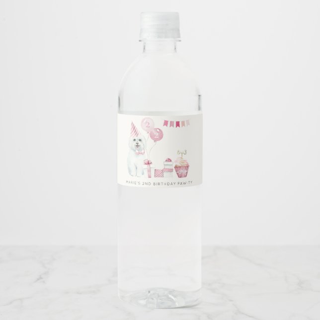 Cute Girls Pink Party Puppy Dog Any Age Birthday Water Bottle Label (Front)