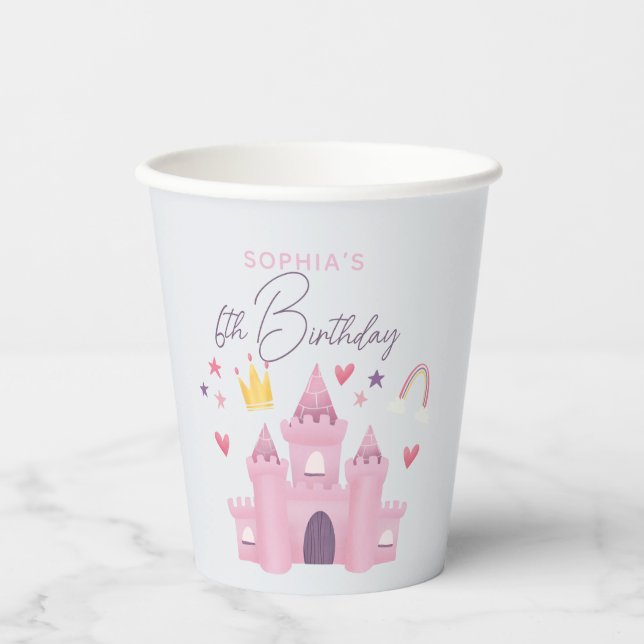 Cute Girls Pink Princess Palace Kids 6th Birthday Paper Cups (Front)