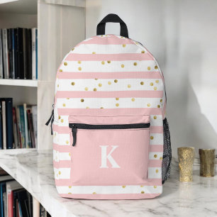 Cute Girl's Pink Stripes and Dots with Monogram Printed Backpack