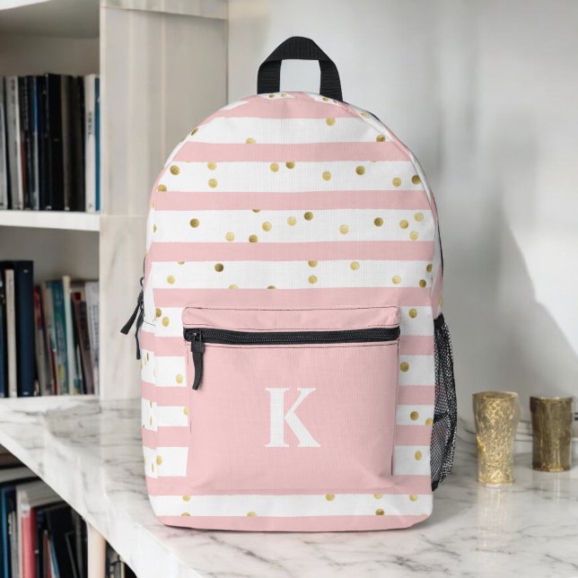 Cute Girl's Pink Stripes and Dots with Monogram Printed Backpack (Personalize with your monogram initial.)