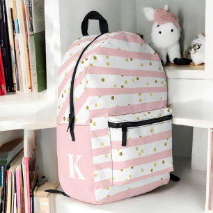 Cute Girl's Pink Stripes and Dots with Monogram Printed Backpack