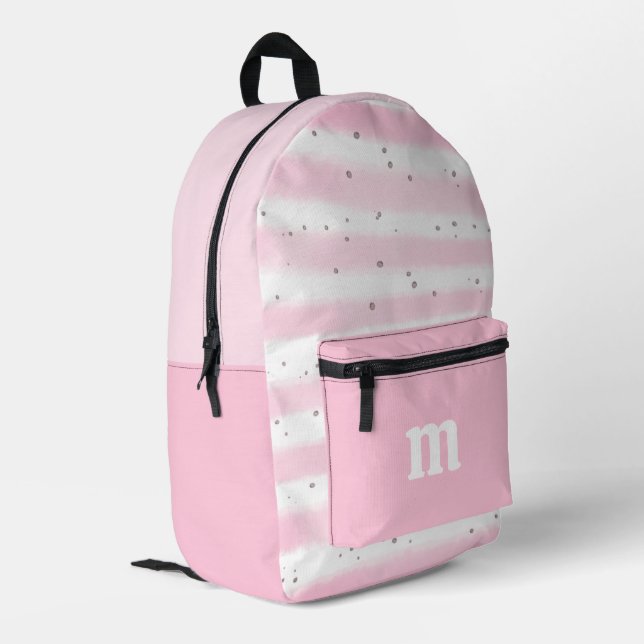 Cute Girl's Pink White Stripes Dots Monogram Printed Backpack (Back Corner Left)