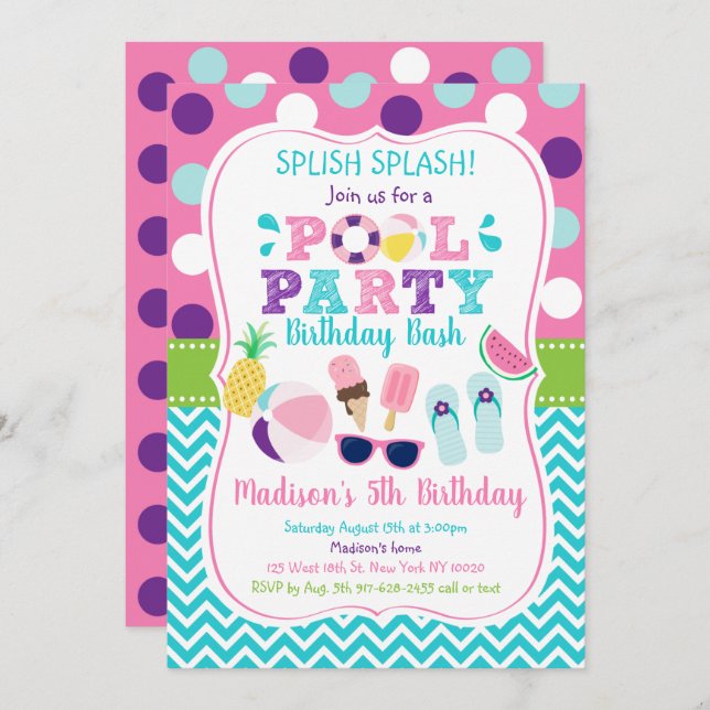 Cute Girls Pool Party Birthday Invitation (Front/Back)