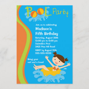 CUTE Girl's Pool Party Birthday Invitation