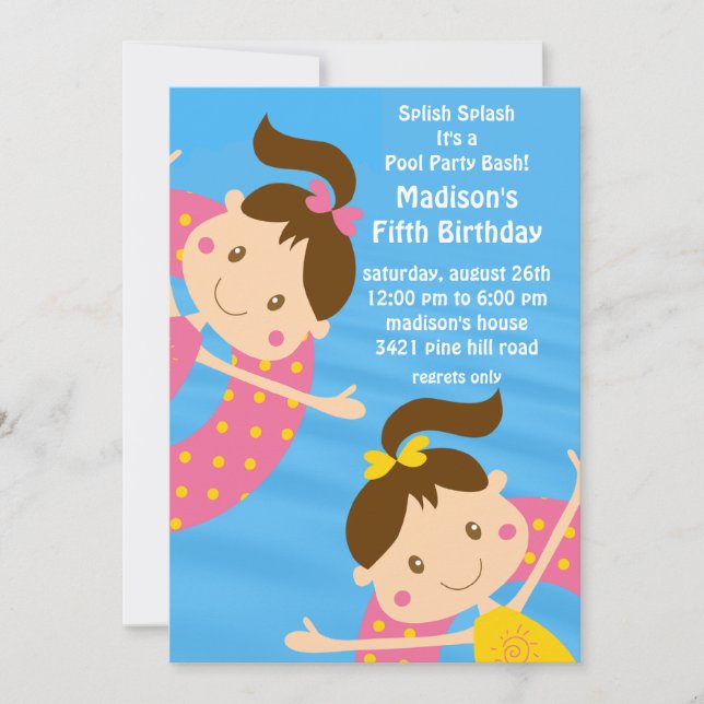 CUTE Girls Pool Party Birthday Invitation (Front)