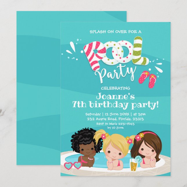 Cute Girls Pool Party Kid's Birthday Invitation (Front/Back)